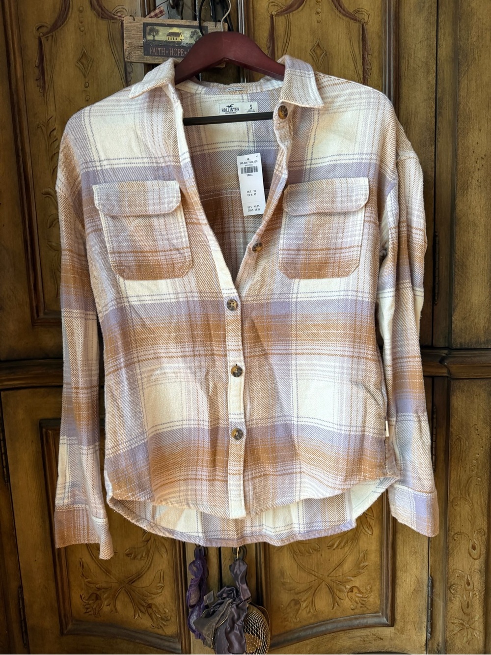 Hollister Plaid Button-Up Shirt in Cream, Tan & Lavender
